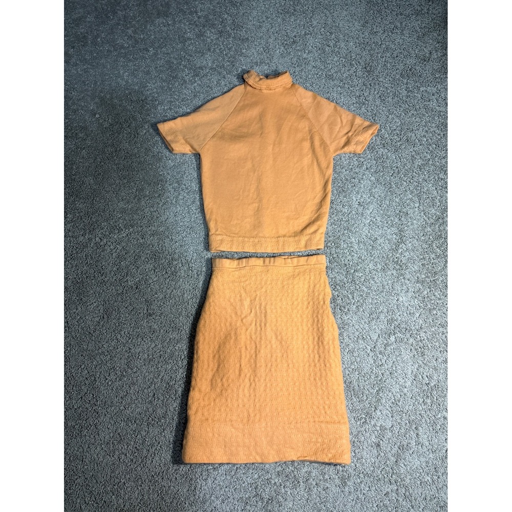 Vintage Style Mustard Orange Quilted Two Piece Set Mock Neck Top and Skirt